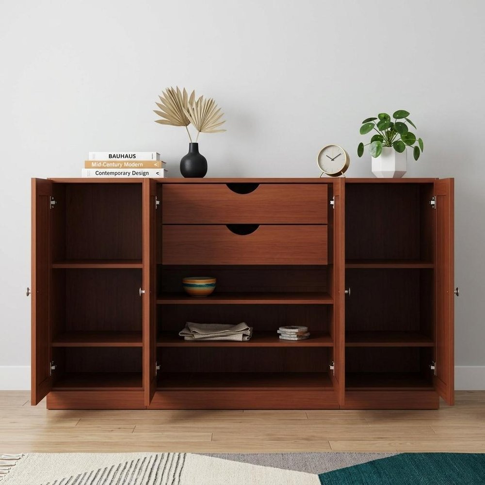 65" Coffee Solid Wood Two Drawer Sideboard With Four Doors
