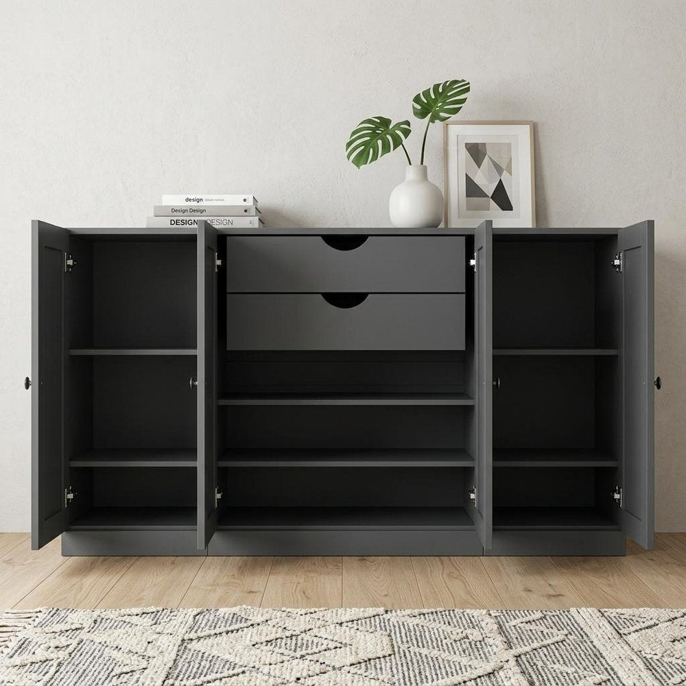 65" Gray Solid Wood Two Drawer Sideboard With Four Doors