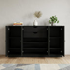 65" Black Solid Wood Two Drawer Sideboard With Four Doors
