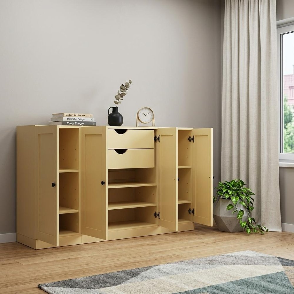 65" Yellow Solid Wood Two Drawer Sideboard With Four Doors