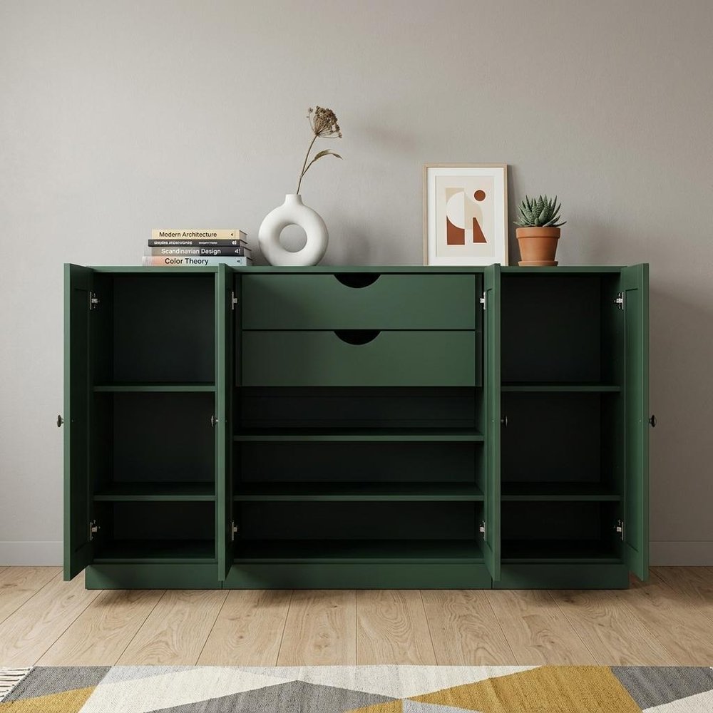 65" Green Solid Wood Two Drawer Sideboard With Four Doors