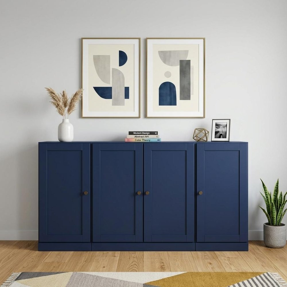 65" Navy Blue Solid Wood Two Drawer Sideboard With Four Doors