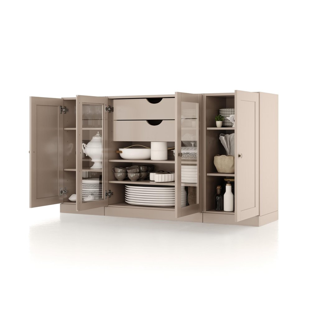 65" Beige Solid Wood Two Drawer Sideboard With Four Glass Doors