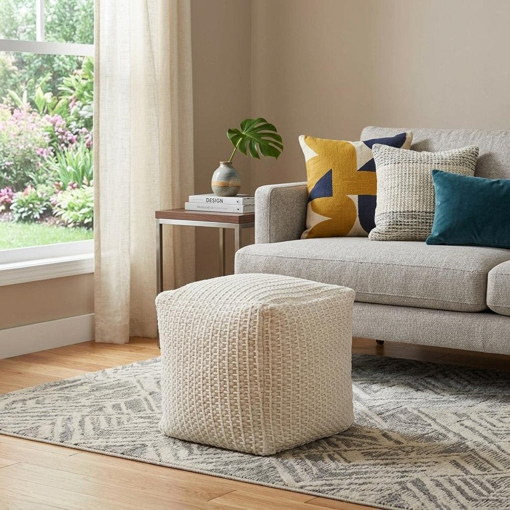 18" Off White Cotton Blend Cube Pouf Ottoman