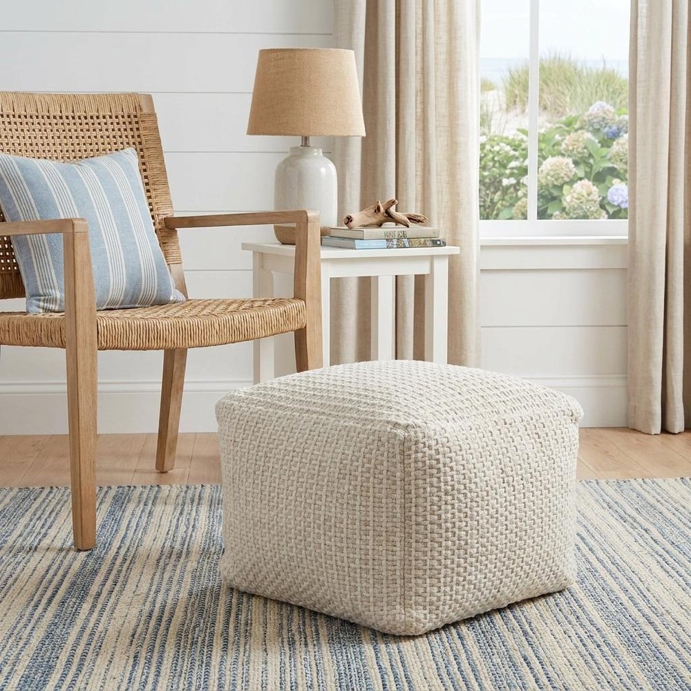 18" Off White Cotton Blend Cube Pouf Ottoman