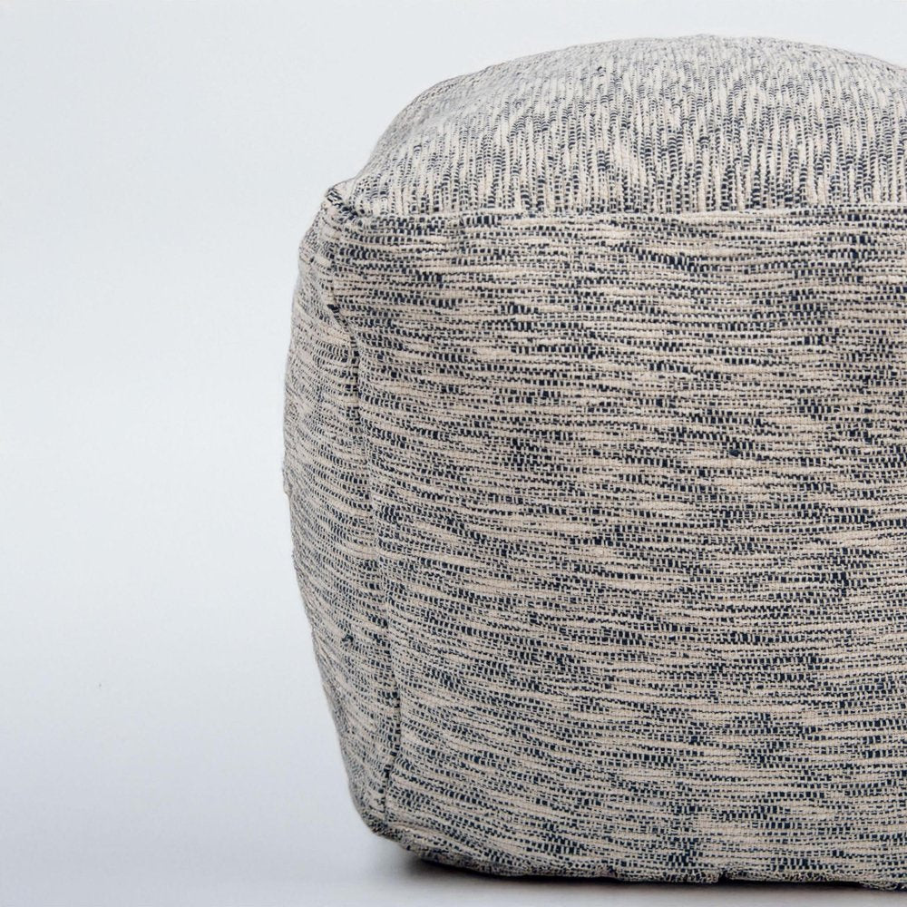 18" Blue and Ivory Cotton Blend Striped Cube Pouf Ottoman