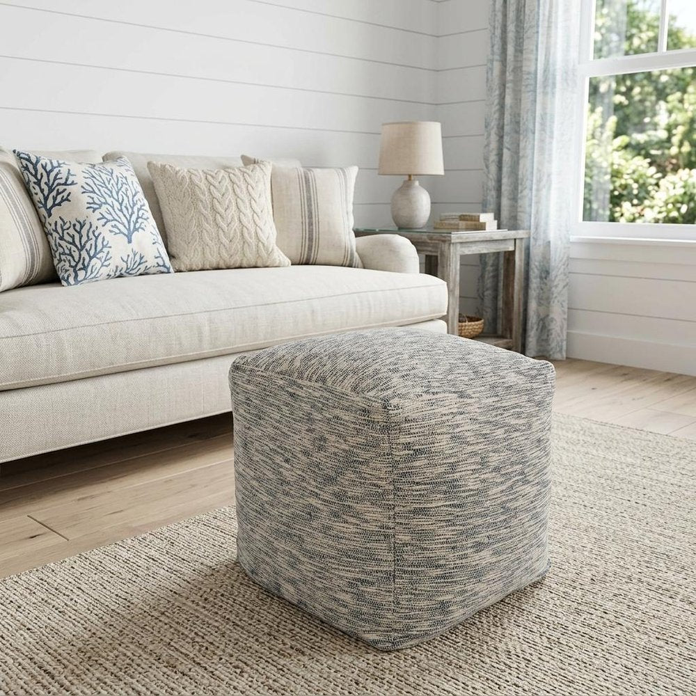 18" Blue and Ivory Cotton Blend Striped Cube Pouf Ottoman