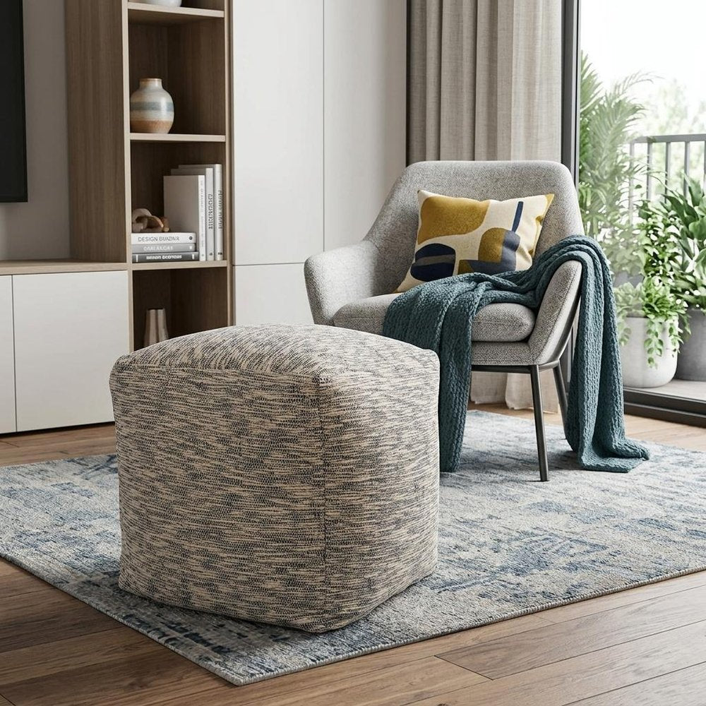 18" Blue and Ivory Cotton Blend Striped Cube Pouf Ottoman