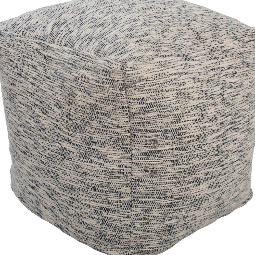18" Blue and Ivory Cotton Blend Striped Cube Pouf Ottoman