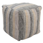 18" Beige Black and Gray Cotton Blend Striped Cube Pouf Ottoman