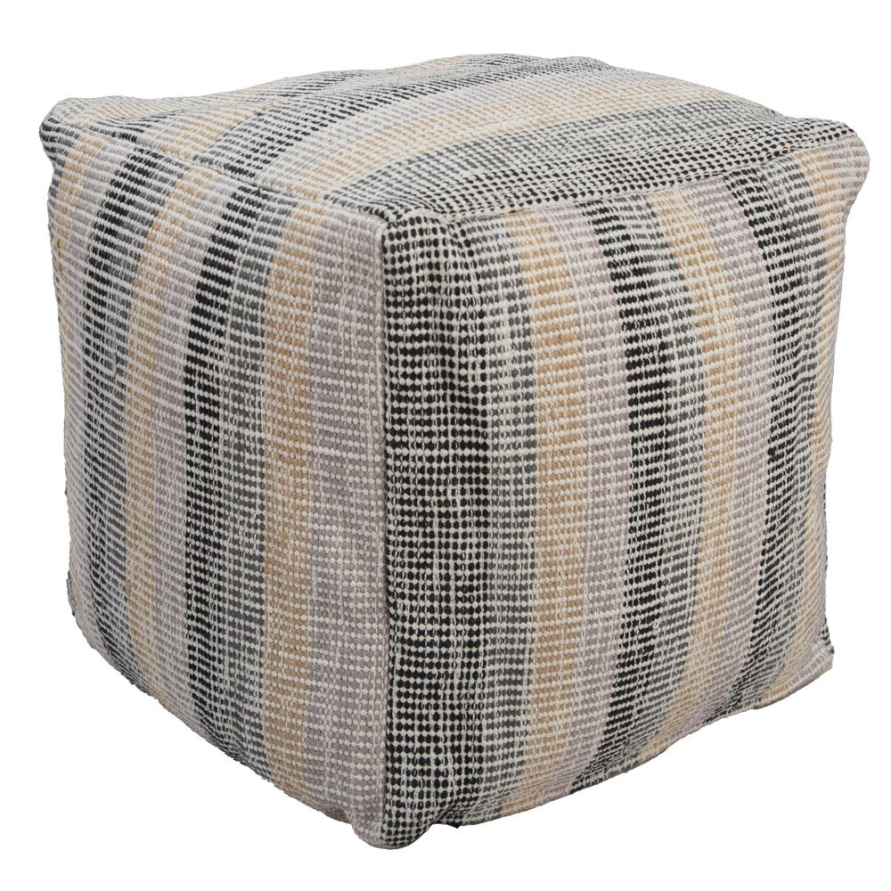 18" Beige Black and Gray Cotton Blend Striped Cube Pouf Ottoman