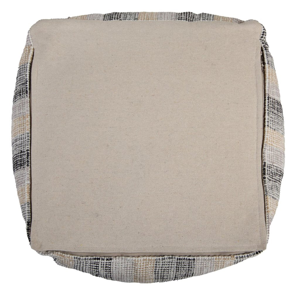 18" Beige Black and Gray Cotton Blend Striped Cube Pouf Ottoman
