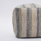 18" Beige Black and Gray Cotton Blend Striped Cube Pouf Ottoman