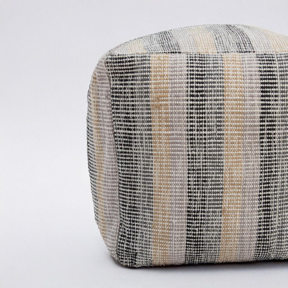18" Beige Black and Gray Cotton Blend Striped Cube Pouf Ottoman
