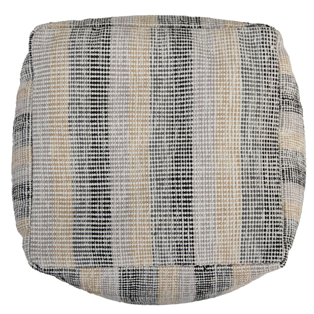 18" Beige Black and Gray Cotton Blend Striped Cube Pouf Ottoman