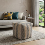 18" Beige Black and Gray Cotton Blend Striped Cube Pouf Ottoman