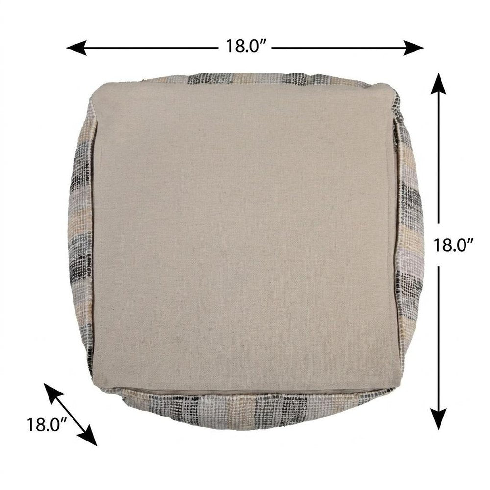 18" Beige Black and Gray Cotton Blend Striped Cube Pouf Ottoman