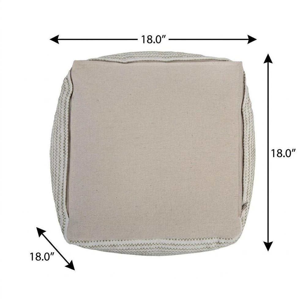 18" Sage Green and Ivory Cotton Blend Striped Cube Pouf Ottoman