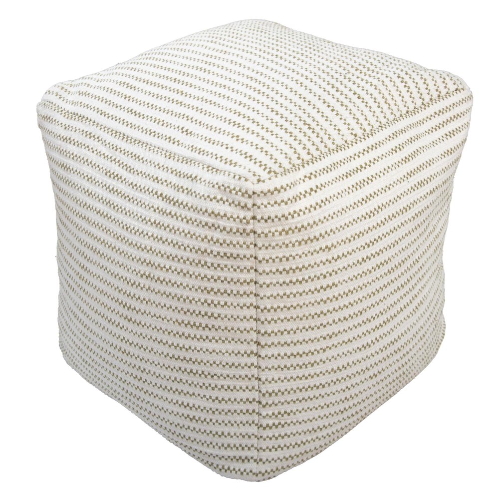 18" Sage Green and Ivory Cotton Blend Striped Cube Pouf Ottoman