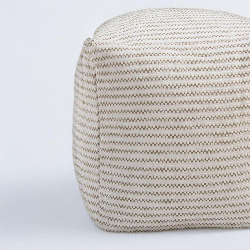 18" Sage Green and Ivory Cotton Blend Striped Cube Pouf Ottoman