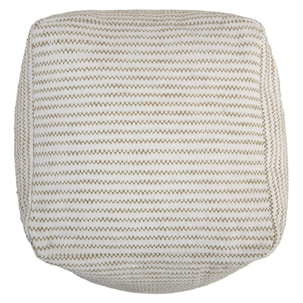 18" Sage Green and Ivory Cotton Blend Striped Cube Pouf Ottoman