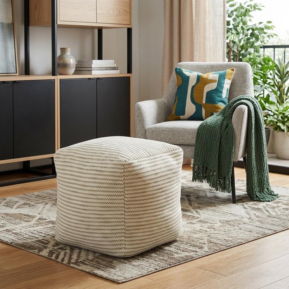 18" Sage Green and Ivory Cotton Blend Striped Cube Pouf Ottoman