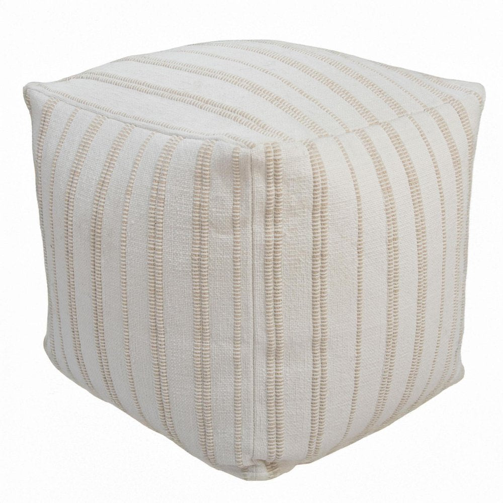 18" Beige and Ivory Cotton Blend Striped Cube Pouf Ottoman