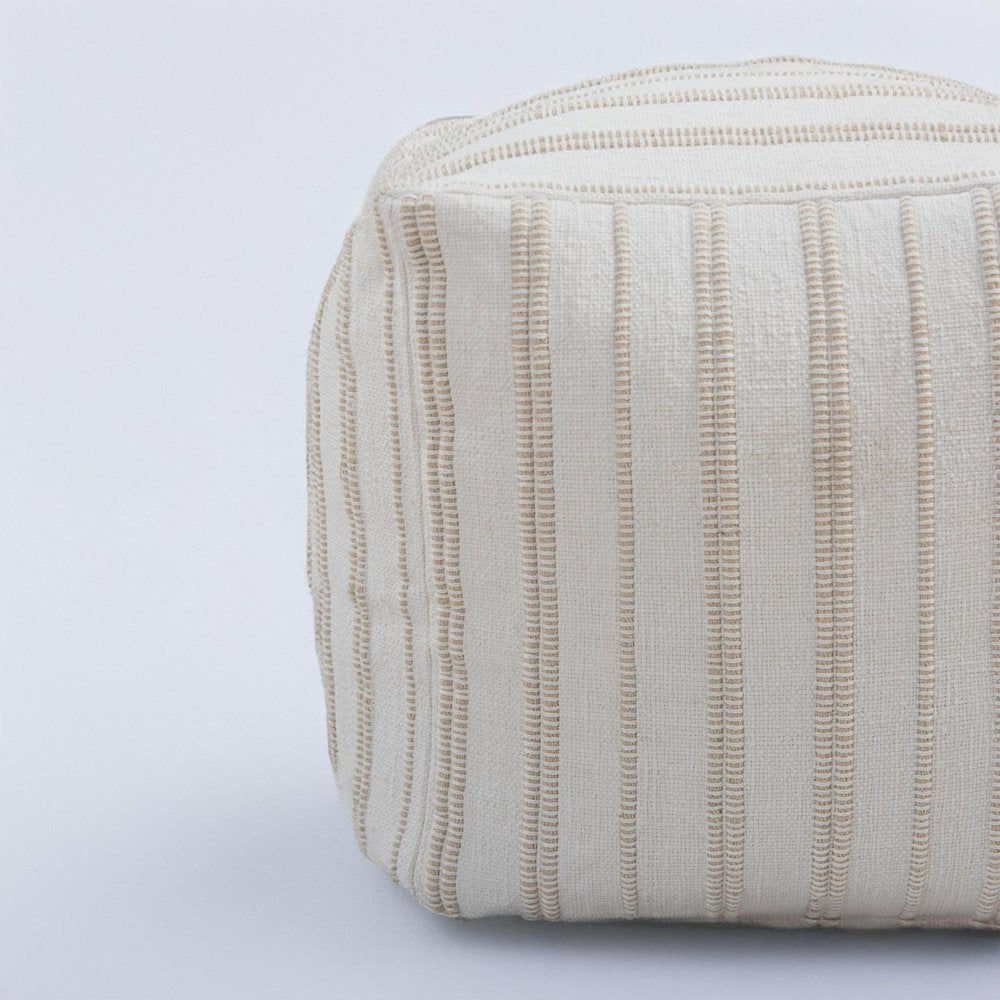 18" Beige and Ivory Cotton Blend Striped Cube Pouf Ottoman