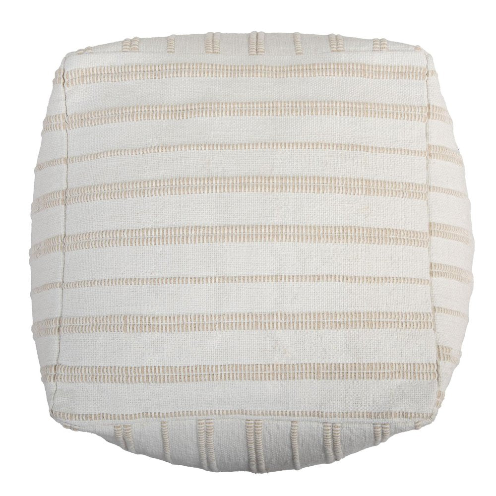 18" Beige and Ivory Cotton Blend Striped Cube Pouf Ottoman