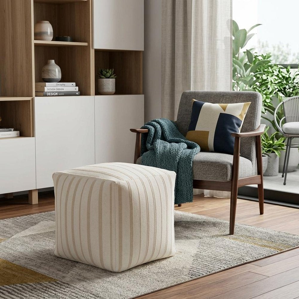 18" Beige and Ivory Cotton Blend Striped Cube Pouf Ottoman