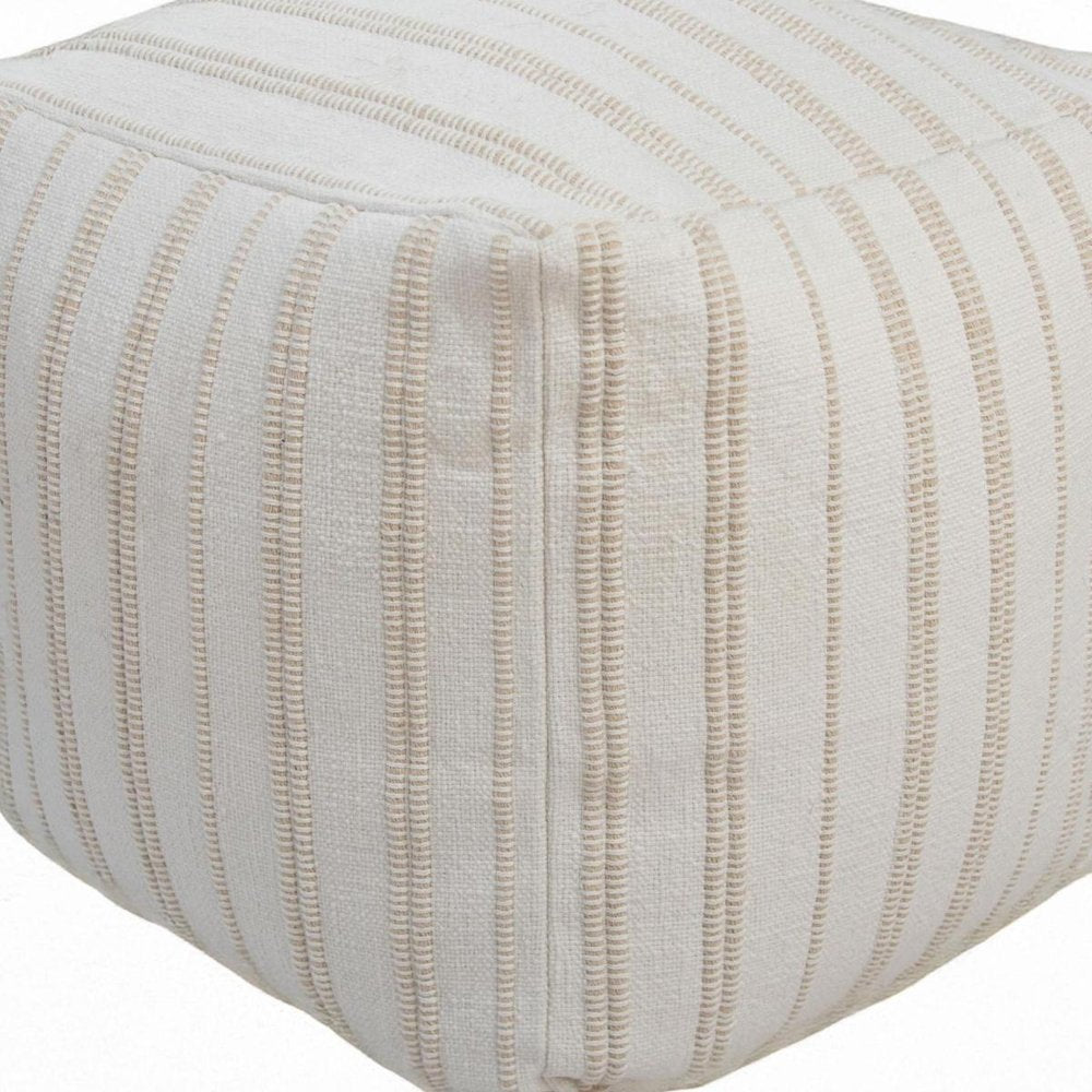 18" Beige and Ivory Cotton Blend Striped Cube Pouf Ottoman