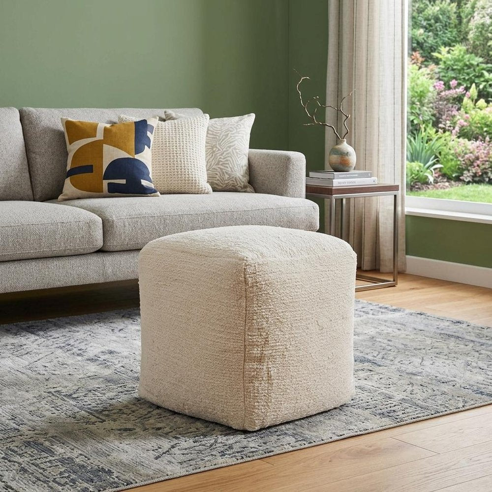 18" Beige and Natural Cotton Blend Cube Pouf Ottoman