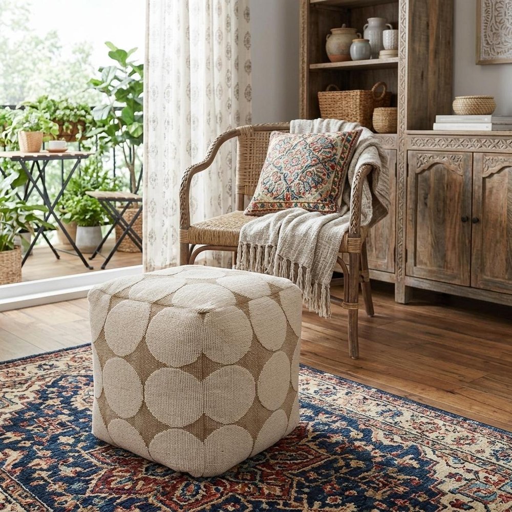 18" Beige Khaki and Natural Cotton Blend Geometric Cube Pouf Ottoman