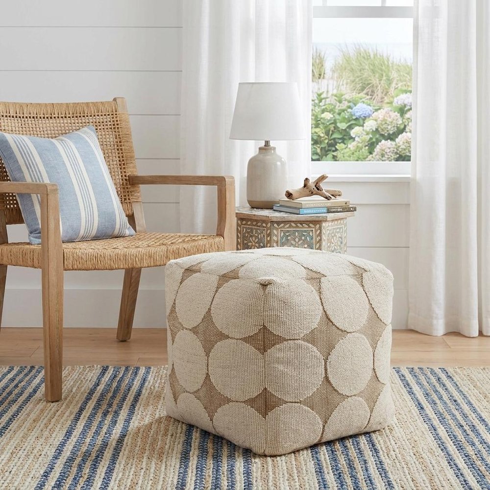 18" Beige Khaki and Natural Cotton Blend Geometric Cube Pouf Ottoman