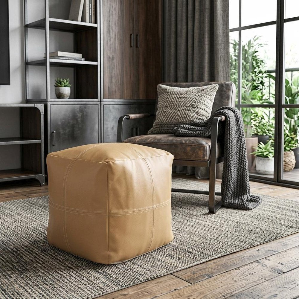 18" Tan Faux Leather Cube Pouf Ottoman