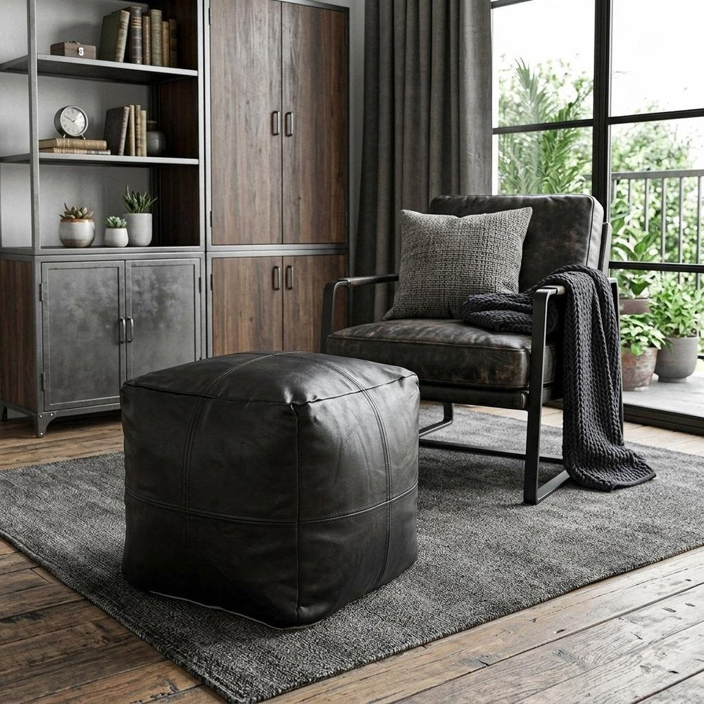 18" Tan Faux Leather Cube Pouf Ottoman