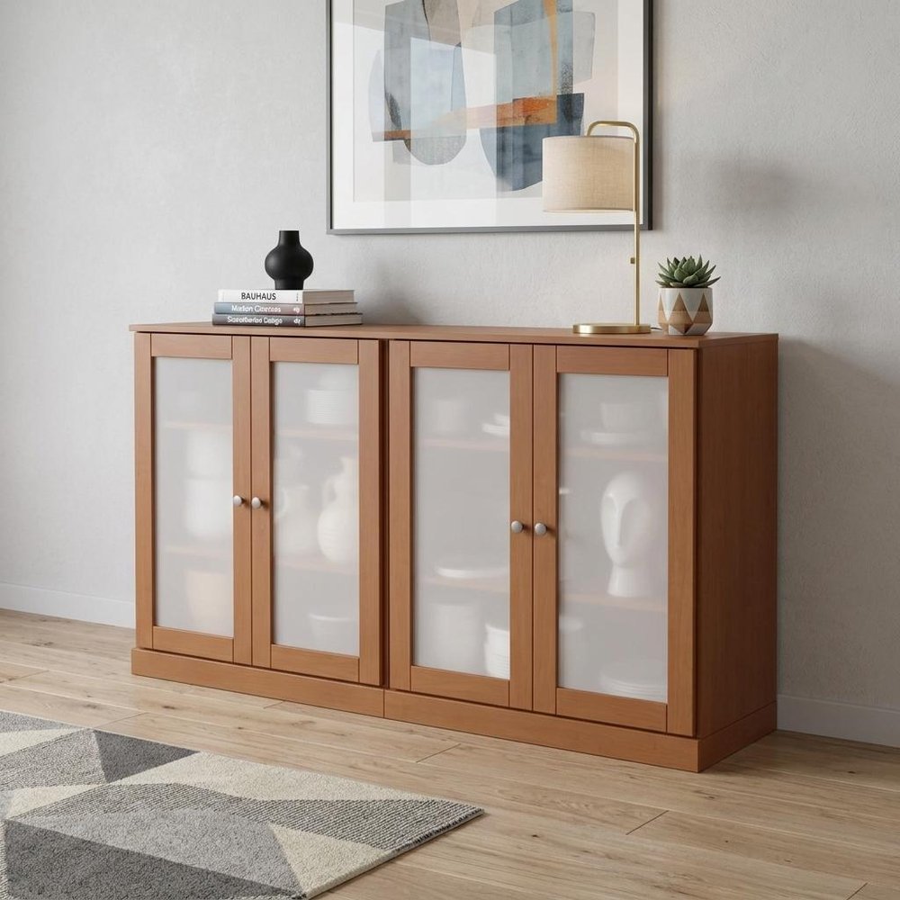 64" Coffee Solid Wood Sideboard With Four Glass Doors