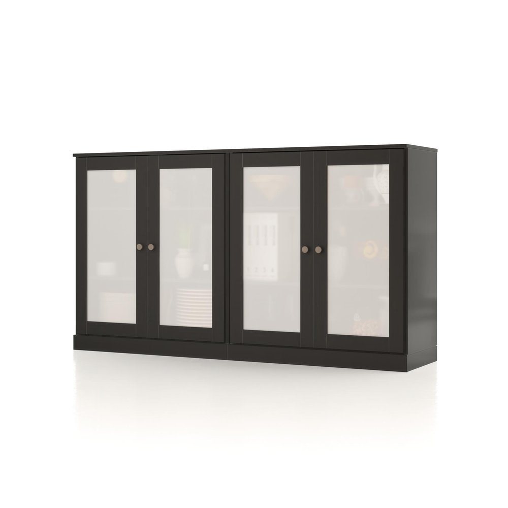 64" Black Solid Wood Sideboard With Four Glass Doors