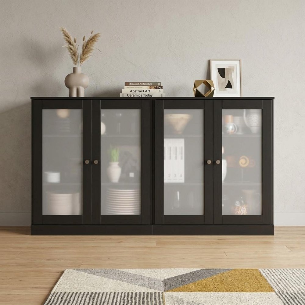 64" Black Solid Wood Sideboard With Four Glass Doors