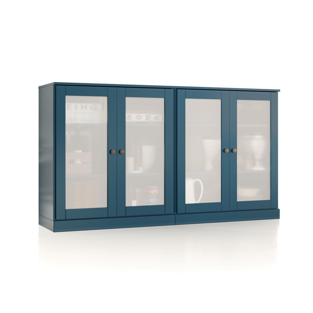 64" Teal Blue Solid Wood Sideboard With Four Glass Doors