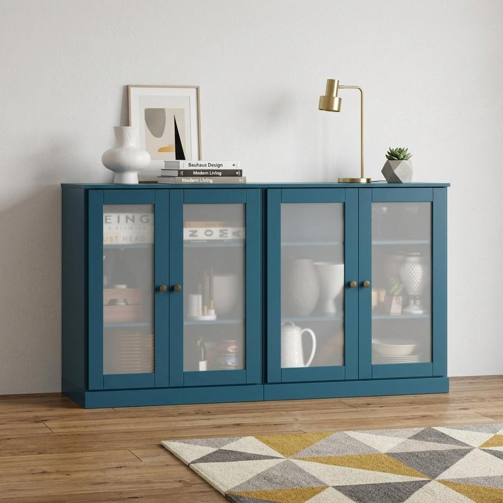 64" Teal Blue Solid Wood Sideboard With Four Glass Doors
