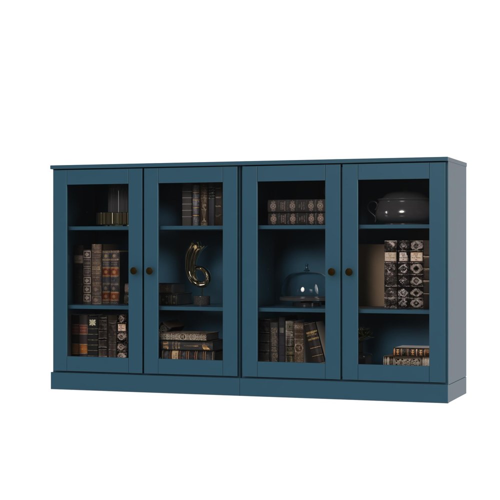 64" Teal Blue Solid Wood Sideboard With Four Glass Doors