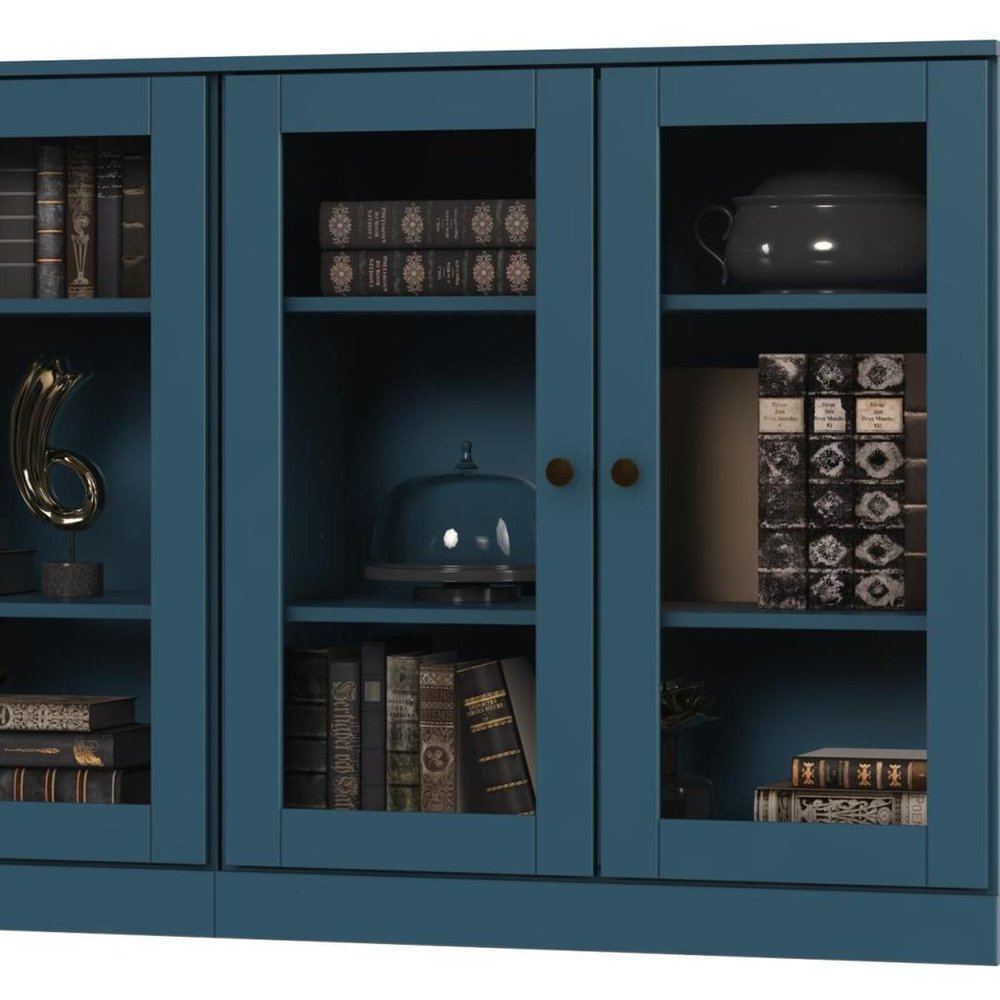 64" Teal Blue Solid Wood Sideboard With Four Glass Doors