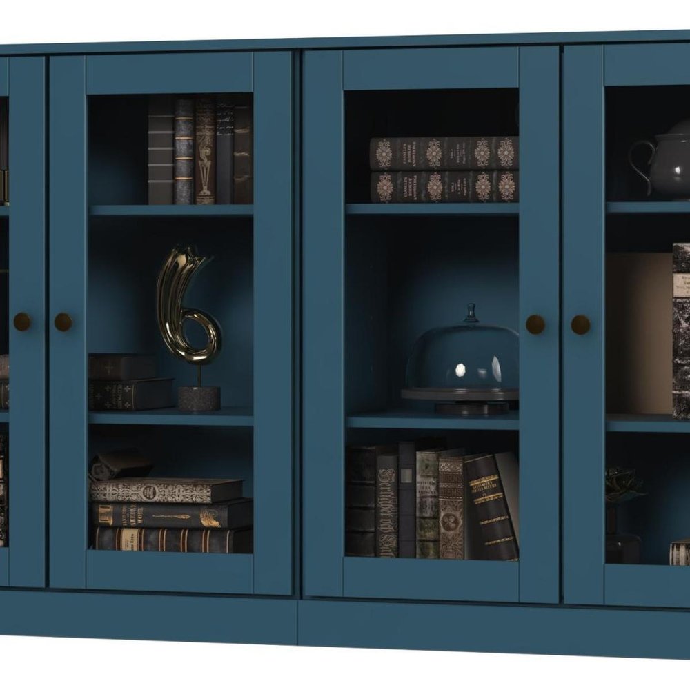 64" Teal Blue Solid Wood Sideboard With Four Glass Doors