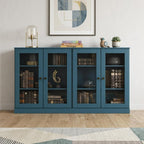 64" Teal Blue Solid Wood Sideboard With Four Glass Doors