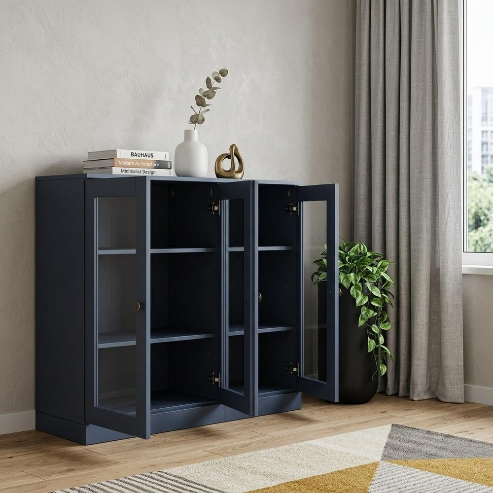 64" French Blue Solid Wood Sideboard With Four Glass Doors