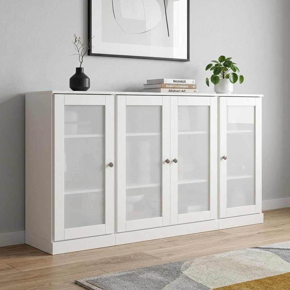 65" White Solid Wood Sideboard With Four Glass Doors