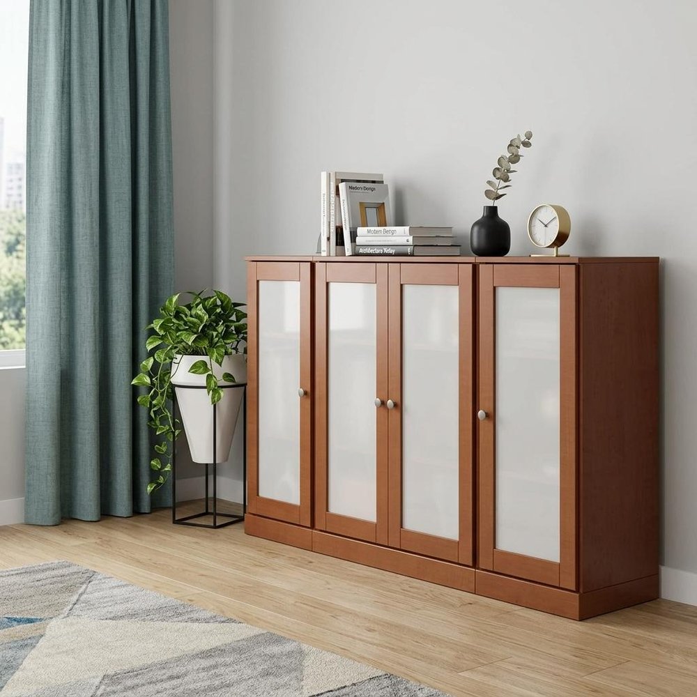 65" Coffee Solid Wood Sideboard With Four Glass Doors