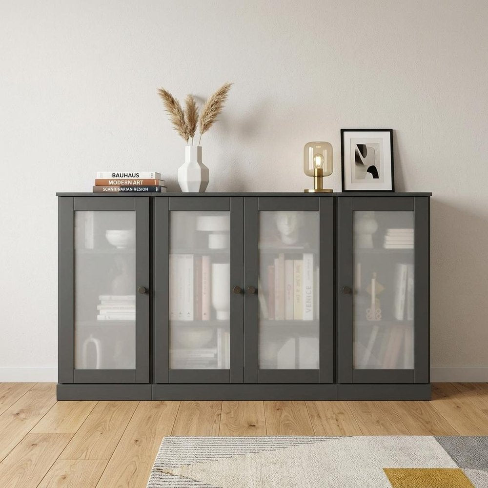 65" Gray Solid Wood Sideboard With Four Glass Doors