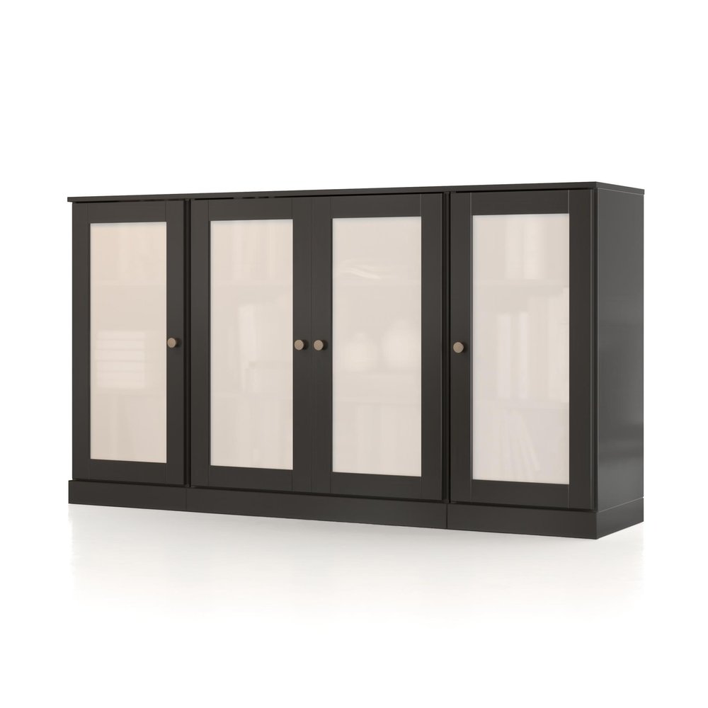 65" Black Solid Wood Sideboard With Four Glass Doors